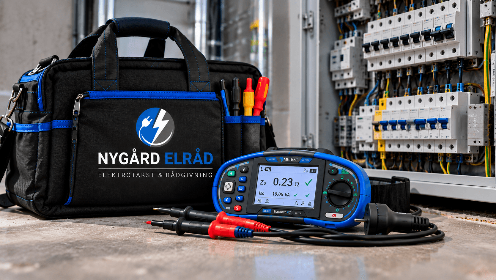 Verktøybag med Nygård Elråd-logo og elektrisk installasjonstester