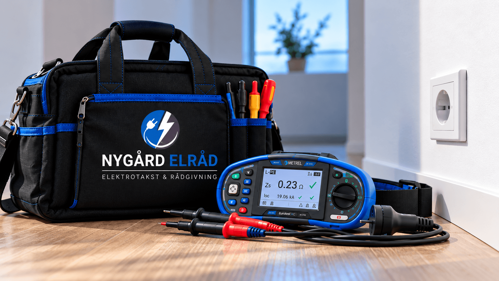 Verktøybag med Nygård Elråd-logo og elektrisk installasjonstester