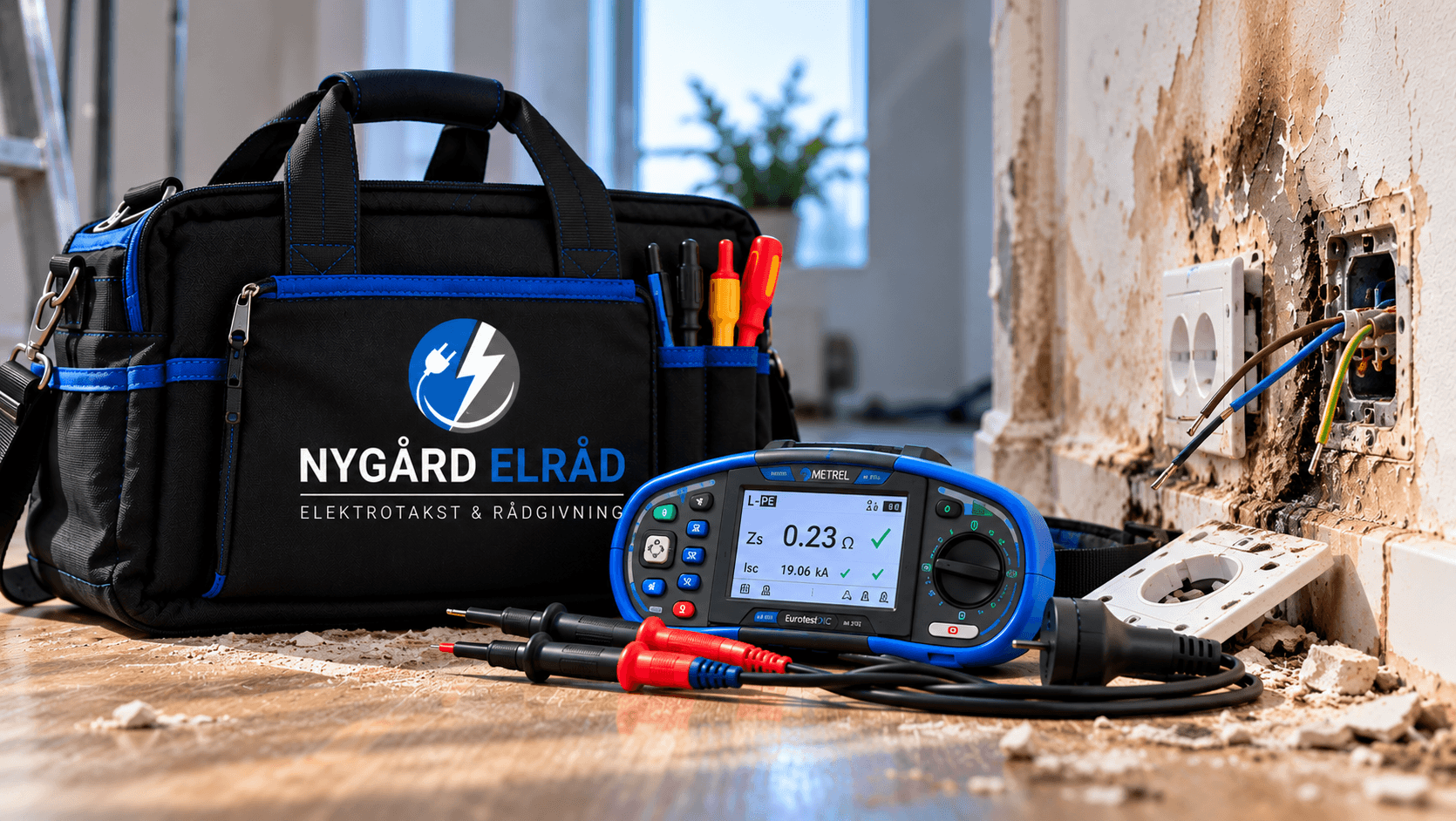 Verktøybag med Nygård Elråd-logo og elektrisk installasjonstester