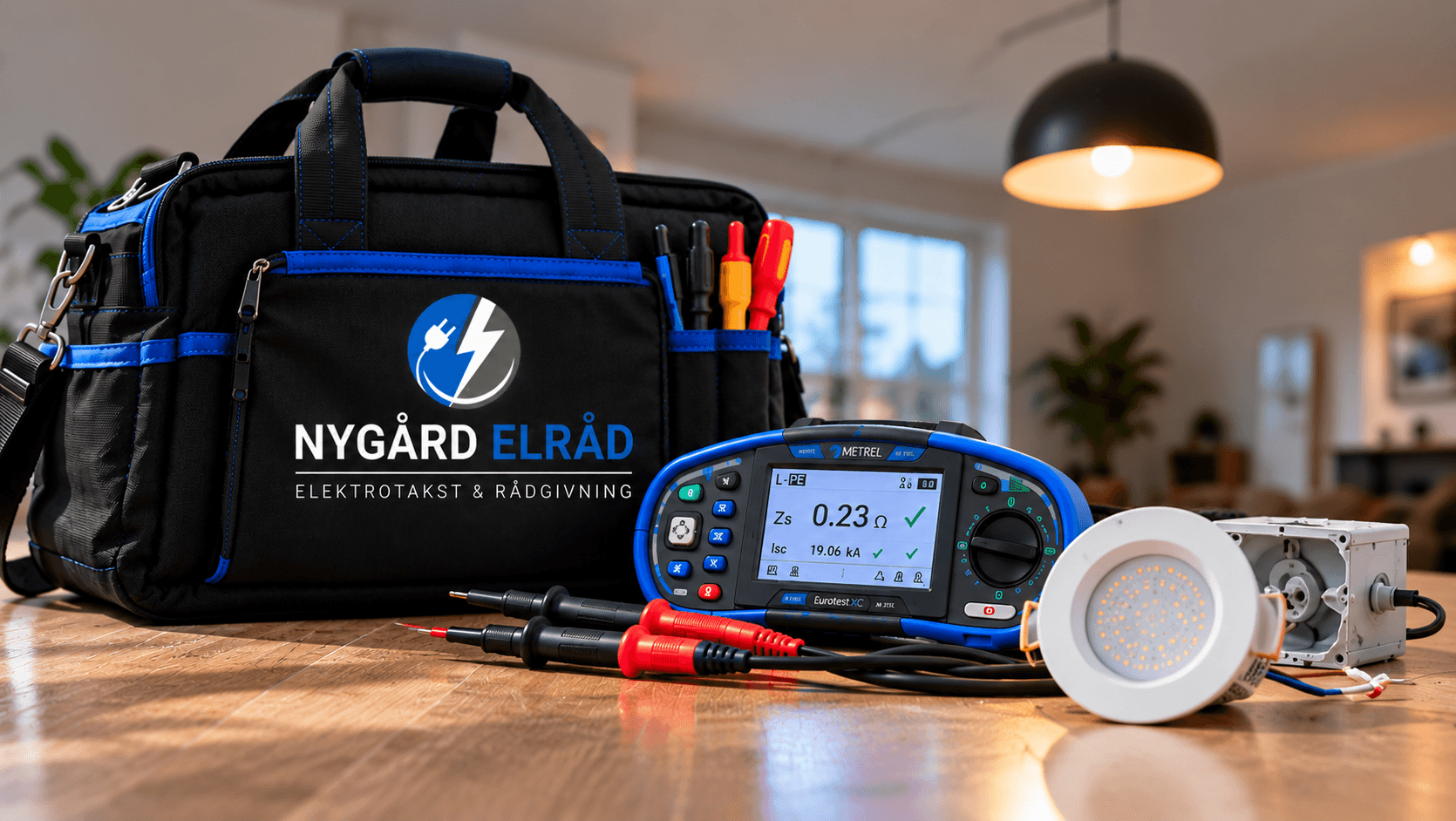 Verktøybag med Nygård Elråd-logo og elektrisk installasjonstester